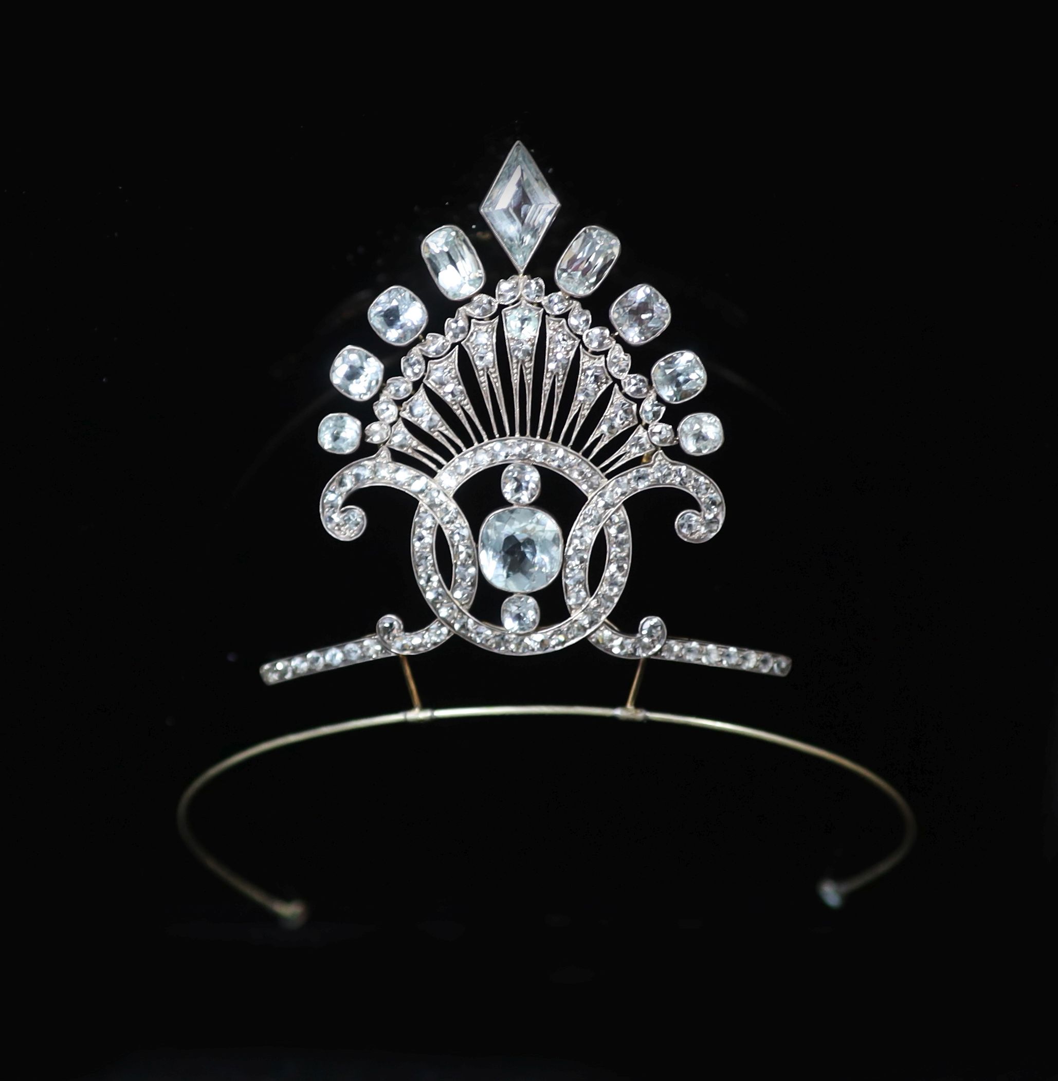 A 19th century Russian? gold, silver and aquamarine set tiara